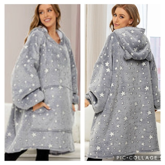 Three Poodle Luminous Grey Star Sherpa & Fleece Blanket Hoodie Size OS - Picture 13 of 14